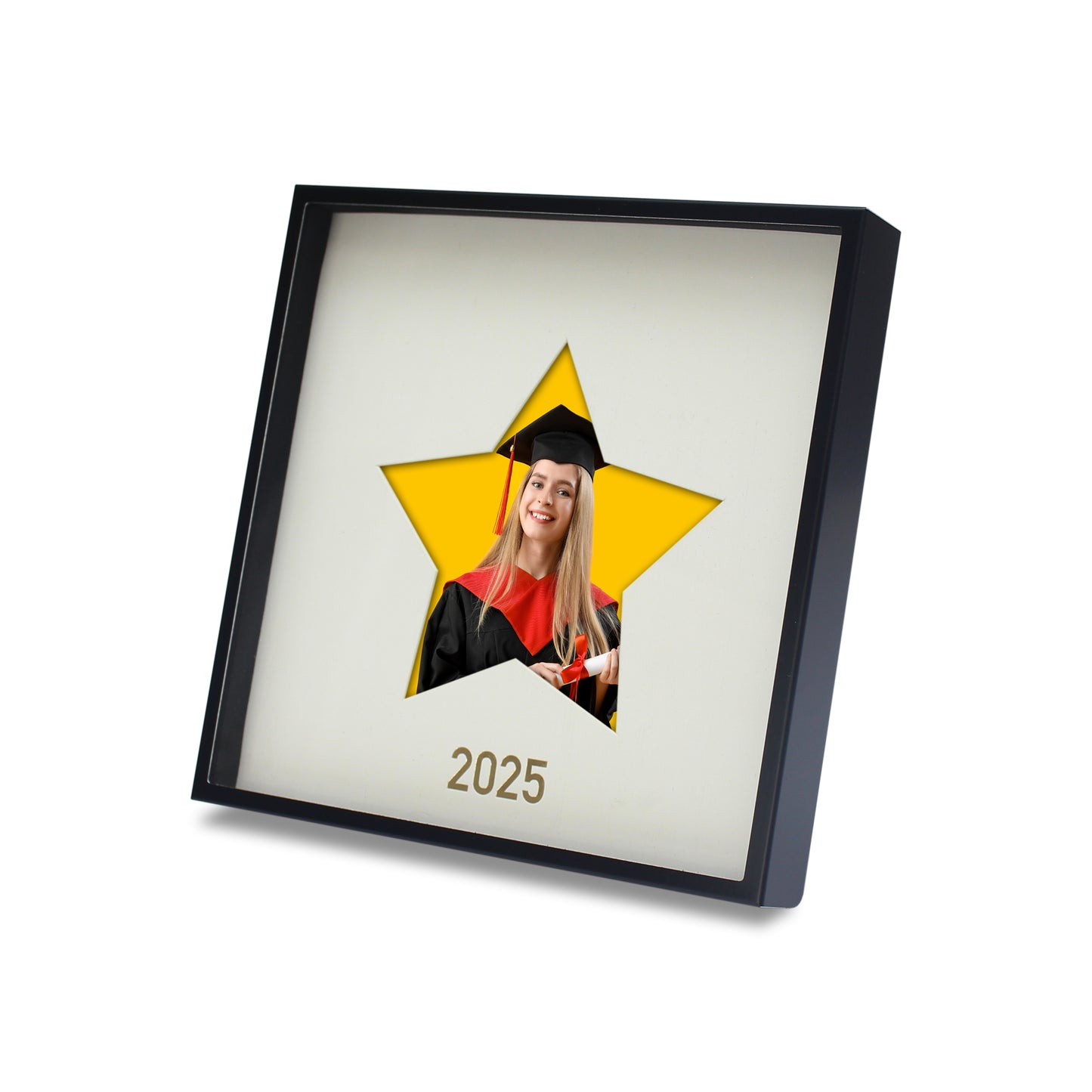 2025 Graduation 6x6" Minimalist Black Metal Shadowbox Picture Frame with White Mat, Star-shaped photo opening (4x4" Photo)