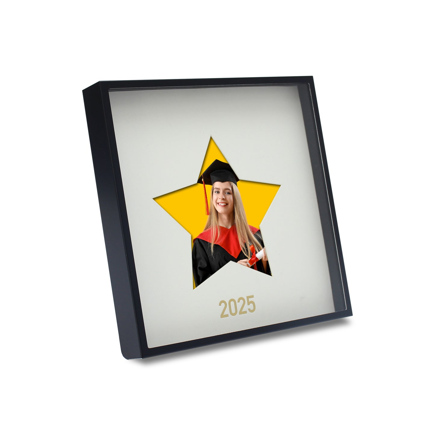 2025 Graduation 6x6" Minimalist Black Metal Shadowbox Picture Frame with White Mat, Star-shaped photo opening (4x4" Photo)