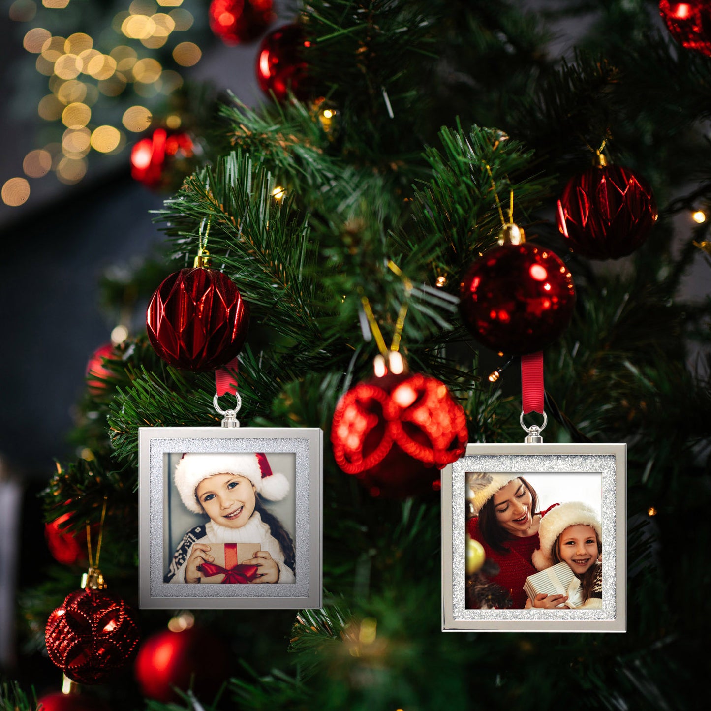 Bling Picture Frame Ornaments for Christmas Tree & Holidays (3x3" photo, Set of 2)