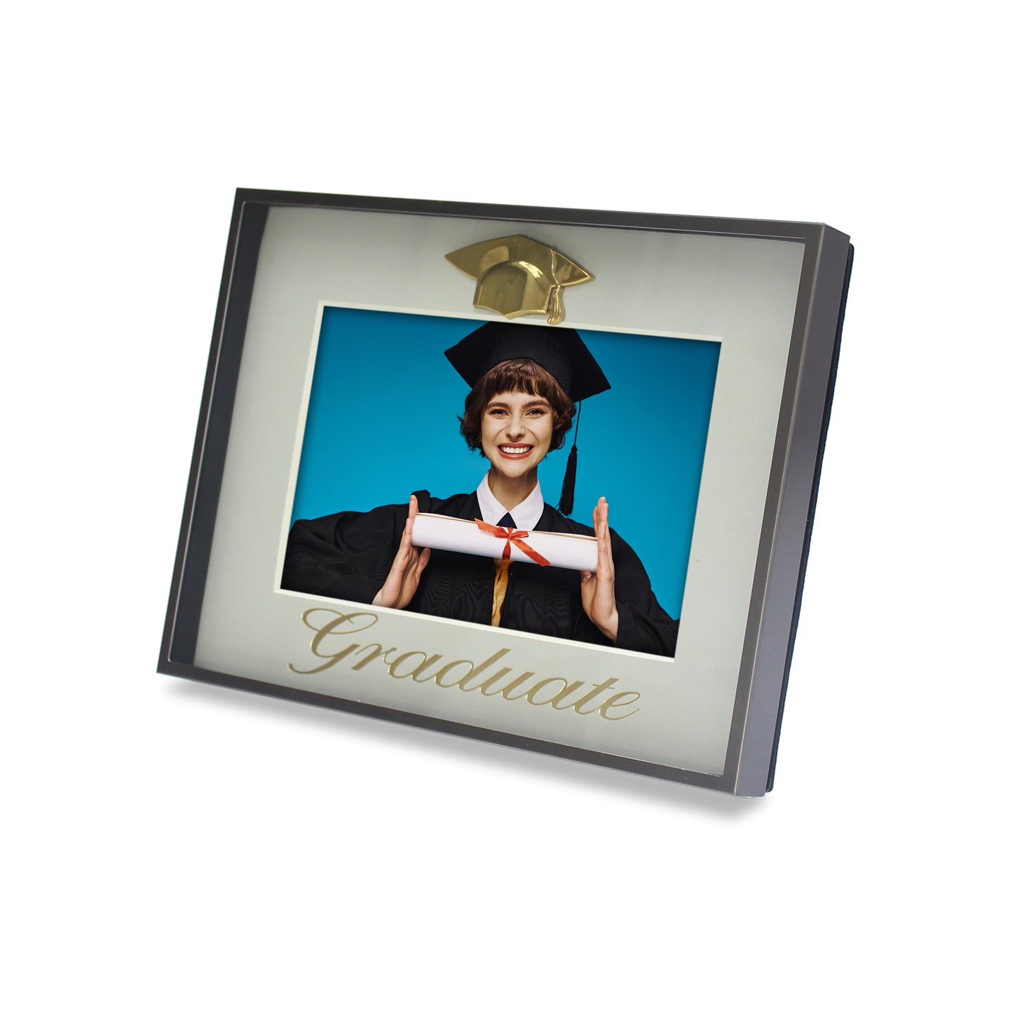 Pewter-tone Metal 2025 Graduation Picture Frame with Cap and Gold Stamping Foil Graduate on Light Gray Mat, Shadow Box Frame (4x6" Photo)