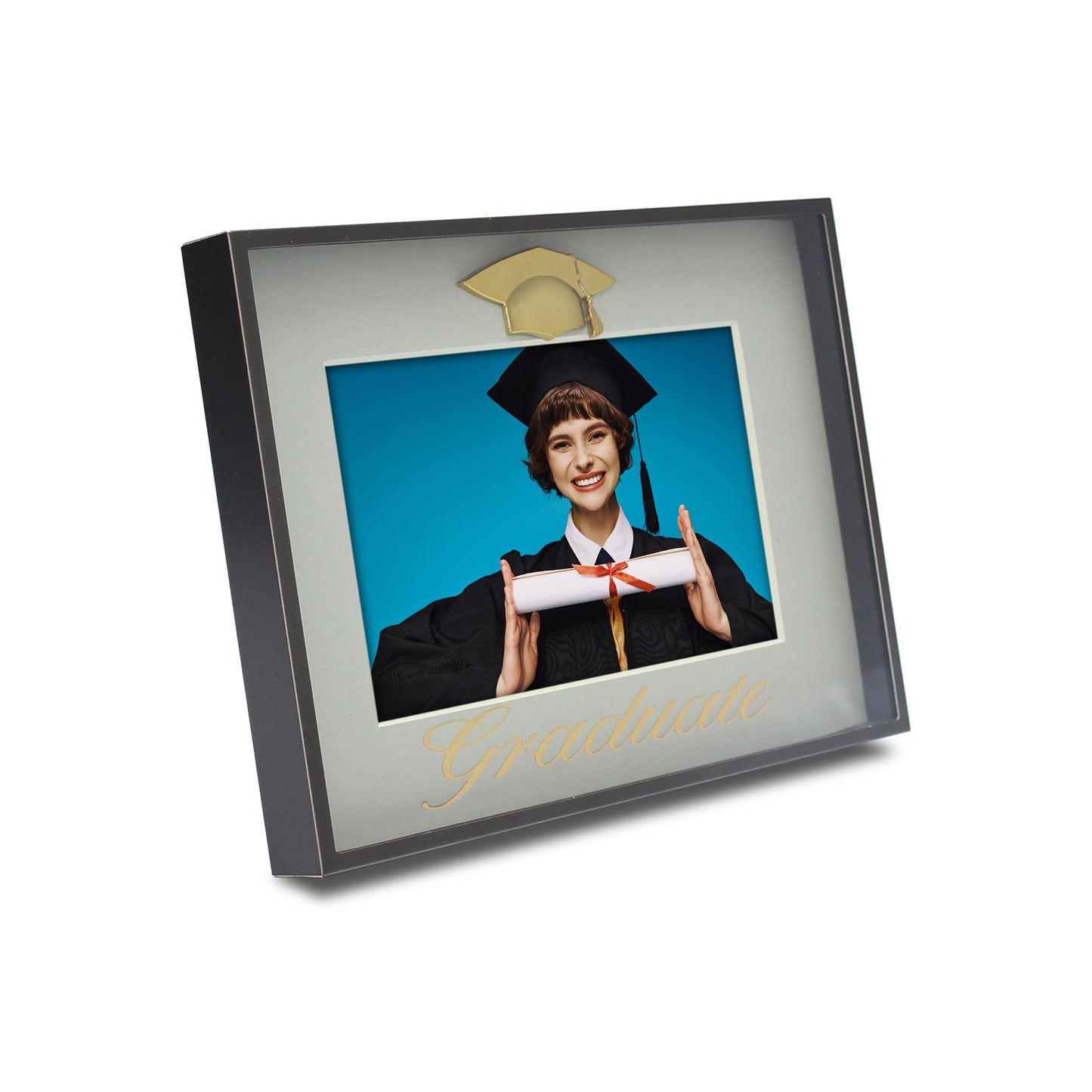 Pewter-tone Metal 2025 Graduation Picture Frame with Cap and Gold Stamping Foil Graduate on Light Gray Mat, Shadow Box Frame (4x6" Photo)