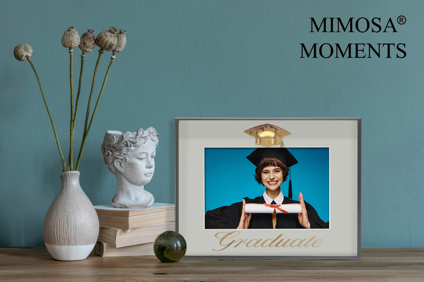 Pewter-tone Metal 2025 Graduation Picture Frame with Cap and Gold Stamping Foil Graduate on Light Gray Mat, Shadow Box Frame (4x6" Photo)