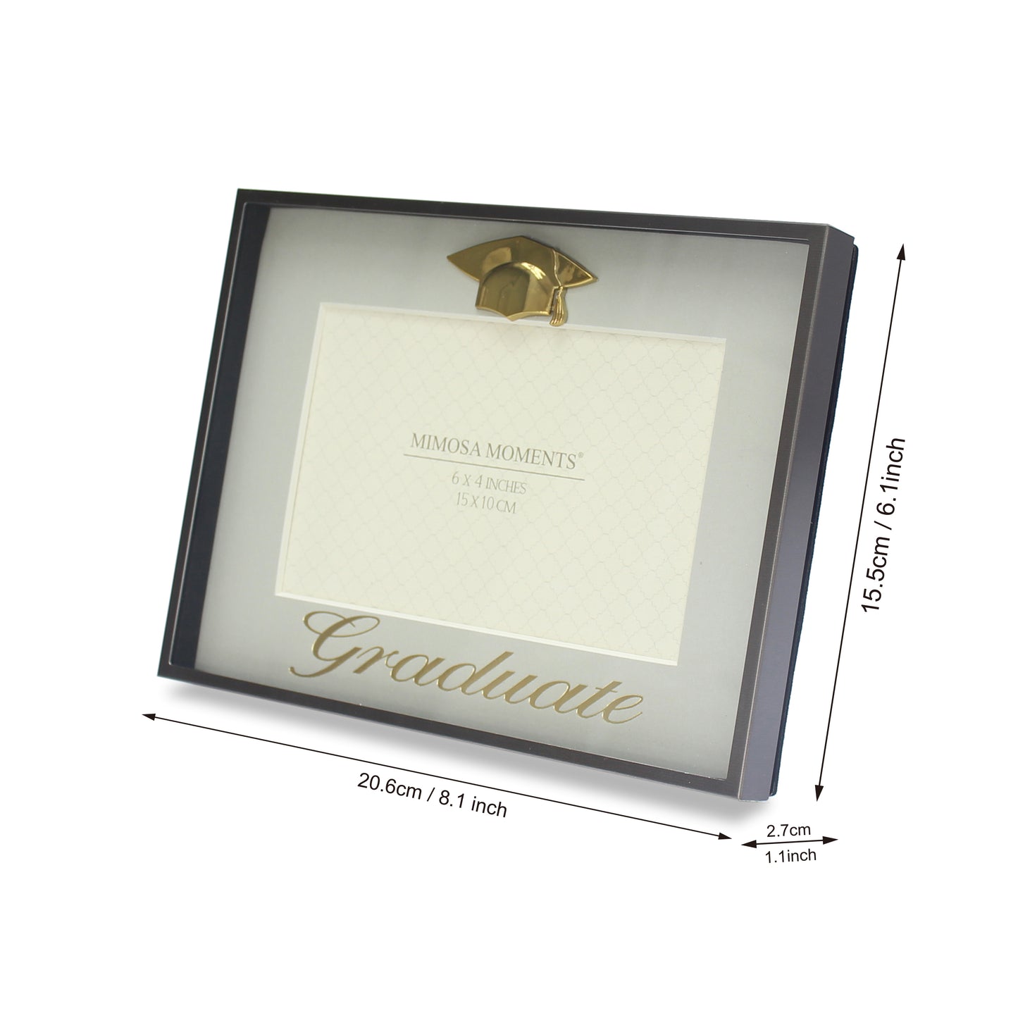 Pewter-tone Metal 2025 Graduation Picture Frame with Cap and Gold Stamping Foil Graduate on Light Gray Mat, Shadow Box Frame (4x6" Photo)