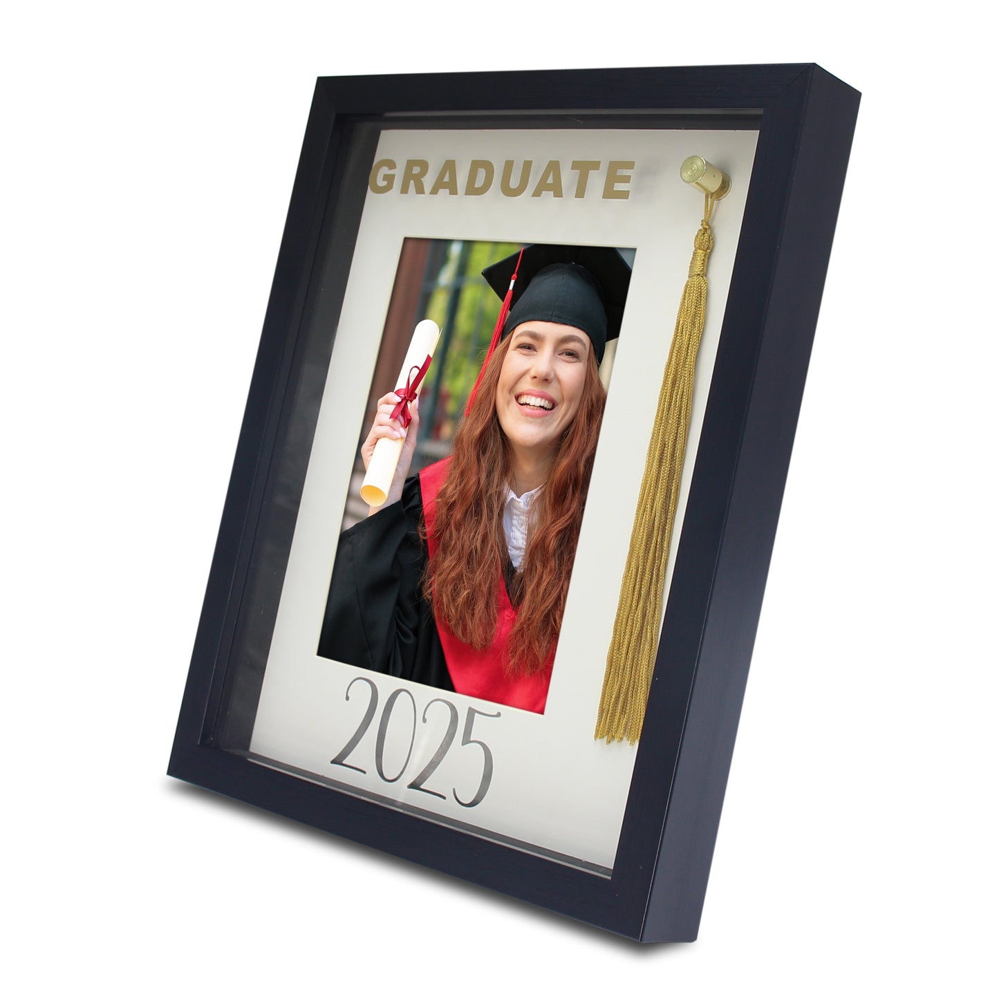 Class of 2025 Graduation Black Picture Frame, Paper Mat with Foil, Gold Tassel (5x7" Photo)