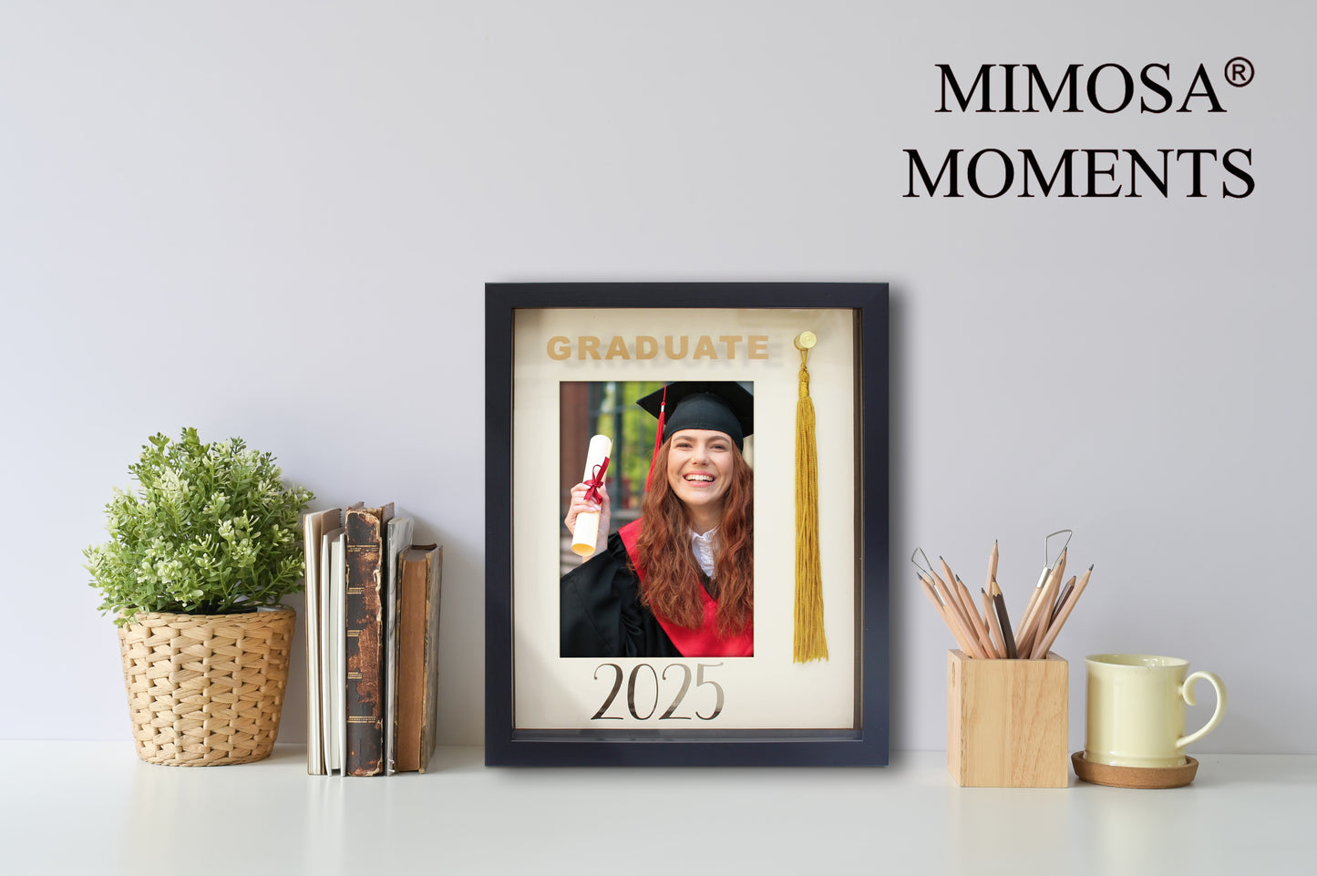 Class of 2025 Graduation Black Picture Frame, Paper Mat with Foil, Gold Tassel (5x7" Photo)