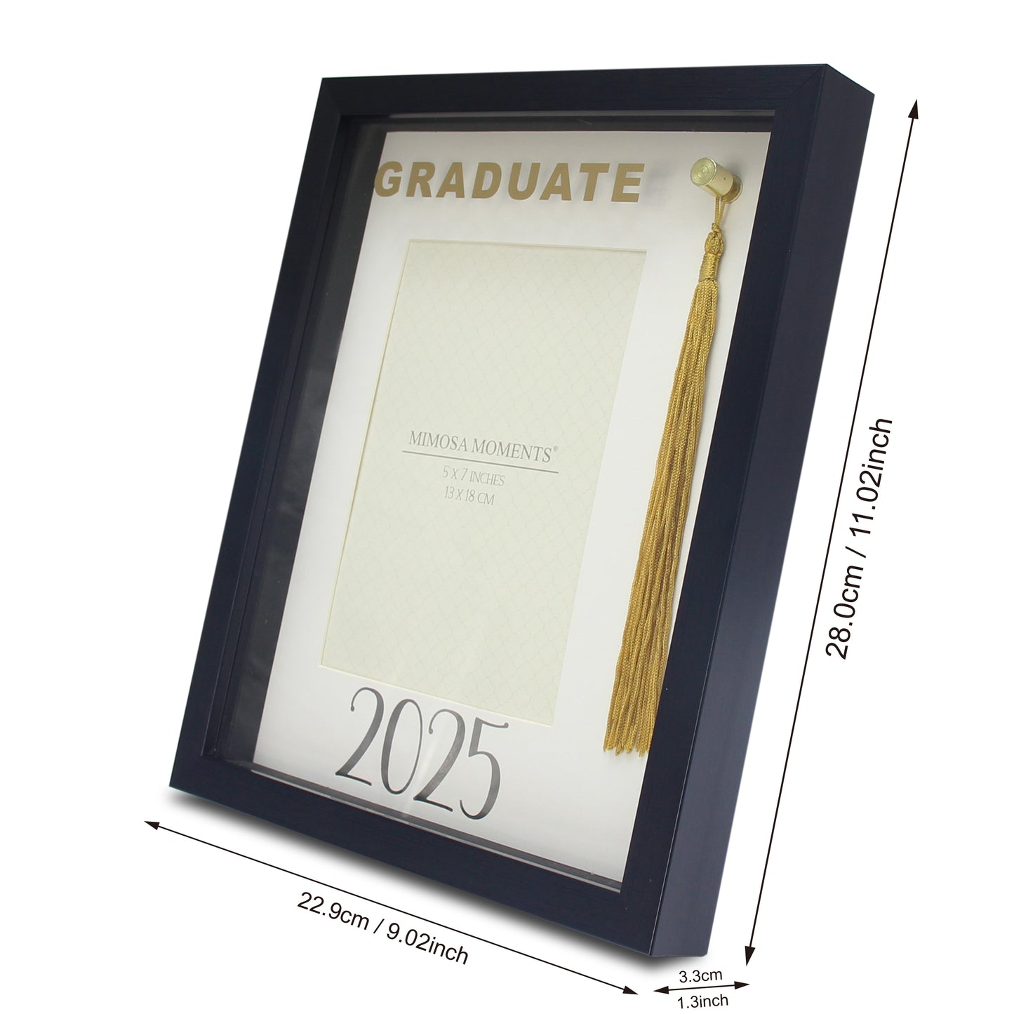 Class of 2025 Graduation Black Picture Frame, Paper Mat with Foil, Gold Tassel (5x7" Photo)