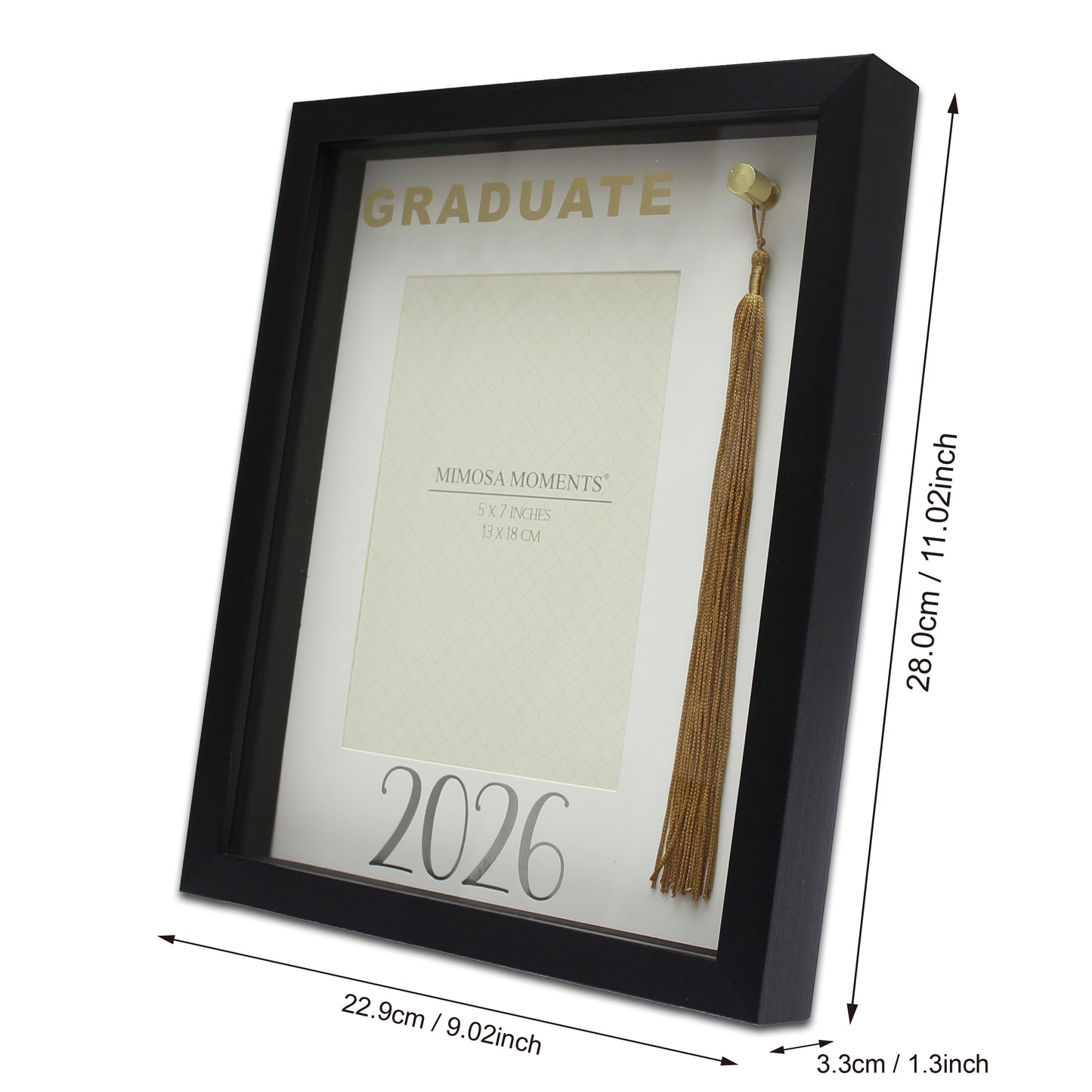 Graduation 5x7 Tassel Frame, Black Class of 2026 Shadow Box with Real Gold Tassel, Foil Paper Mat & Graduate Glass Print, Tabletop & Wall Decor, Graduation Gift for 2026 Graduates