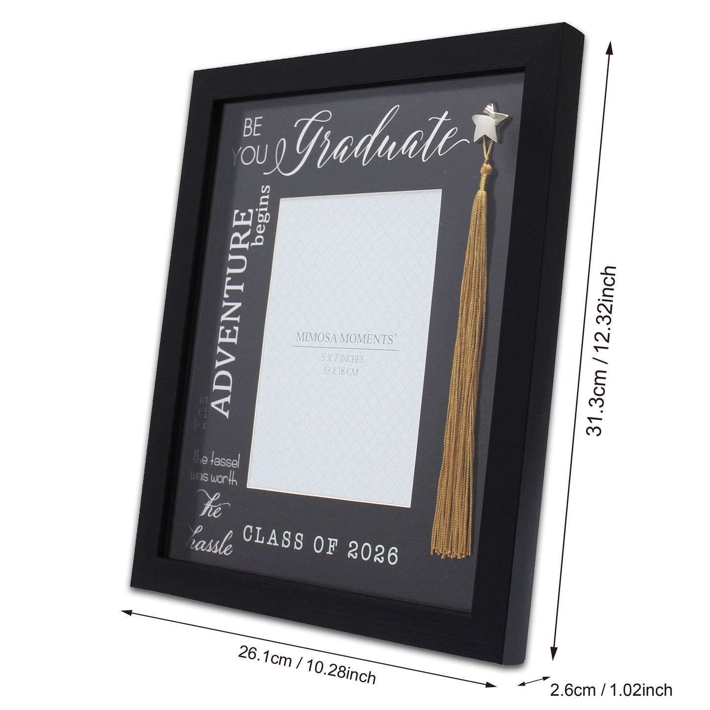 Graduation 5x7 Tassel Frame, Black Class of 2026 Frame with Real Gold Tassel, Silver Star Holder & Silver-Foiled Sentiment, Tabletop & Wall Display, Graduation Gift with Greeting Card