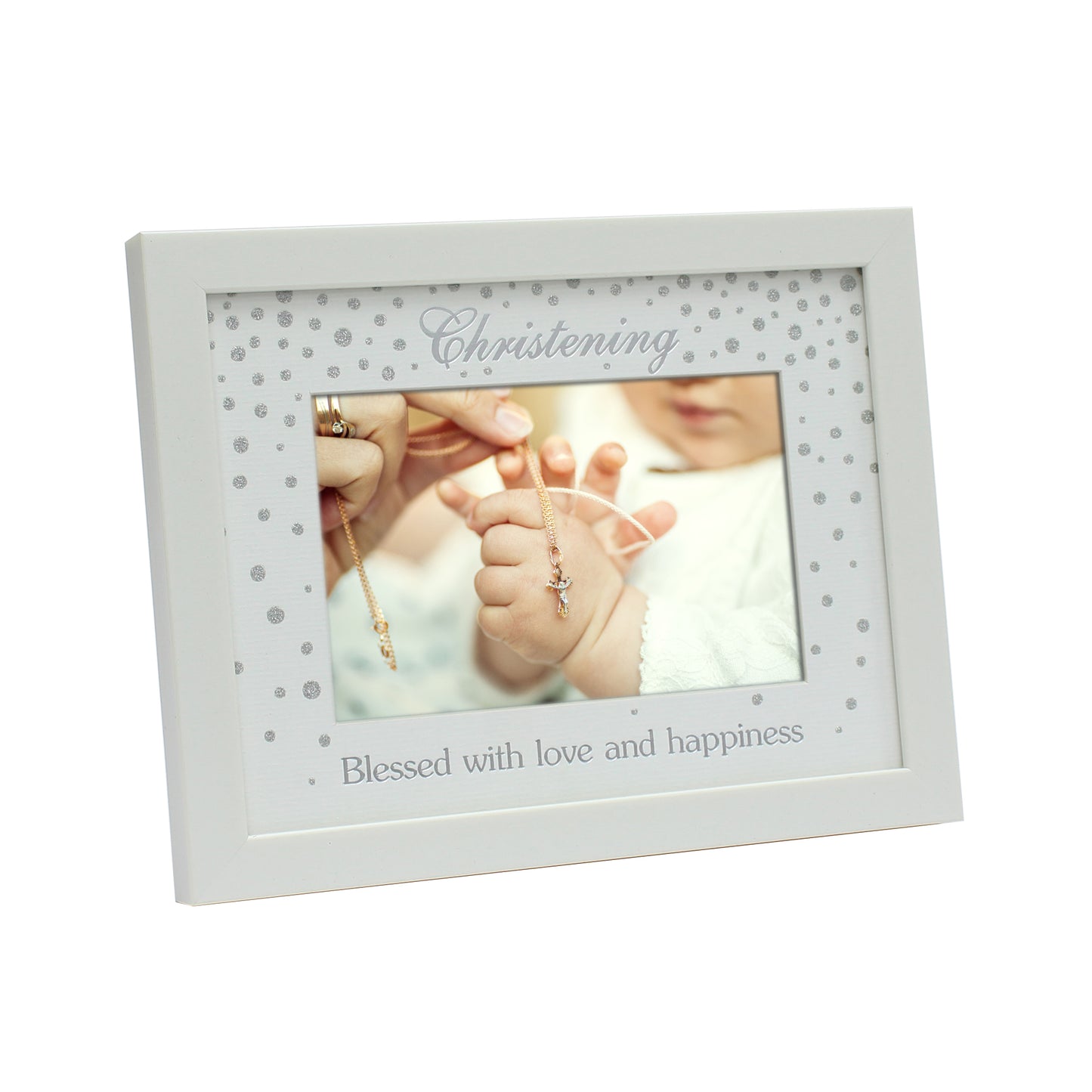 Religious Picture Frame with glitter Christening paper mat, blessed with love and happiness (Ivory-Christening, 6x4" Photo)