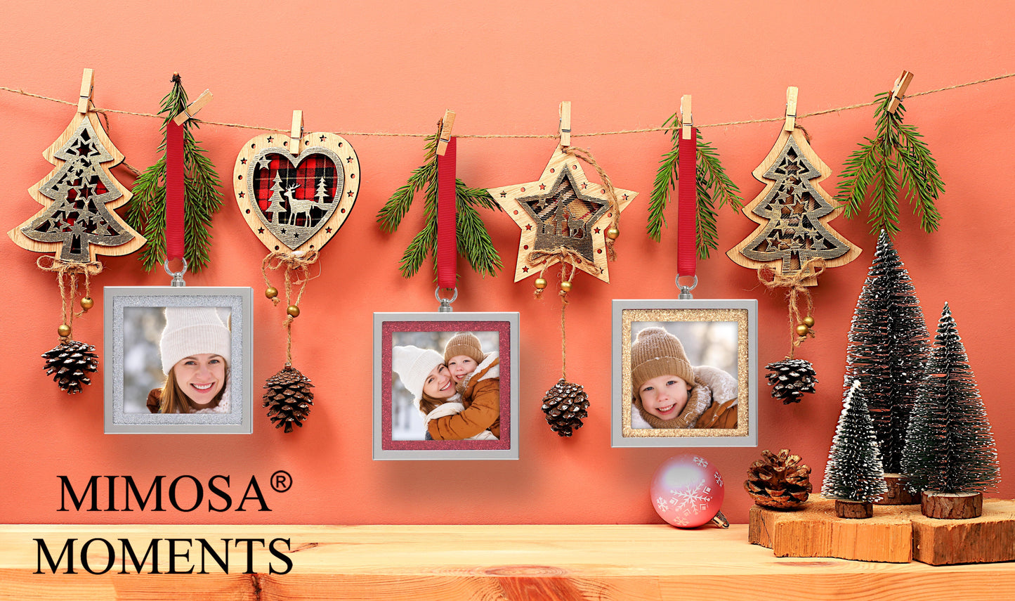 3-Pack Glitter Bling Picture Frame Ornaments, Mini Square Photo Frames for Christmas Tree, Wedding & Holiday Decor, Hanging Ornament with Assorted Glitter Mats