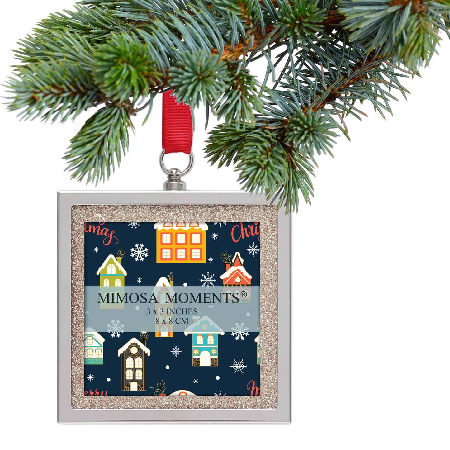 3-Pack Glitter Bling Picture Frame Ornaments, Mini Square Photo Frames for Christmas Tree, Wedding & Holiday Decor, Hanging Ornament with Assorted Glitter Mats
