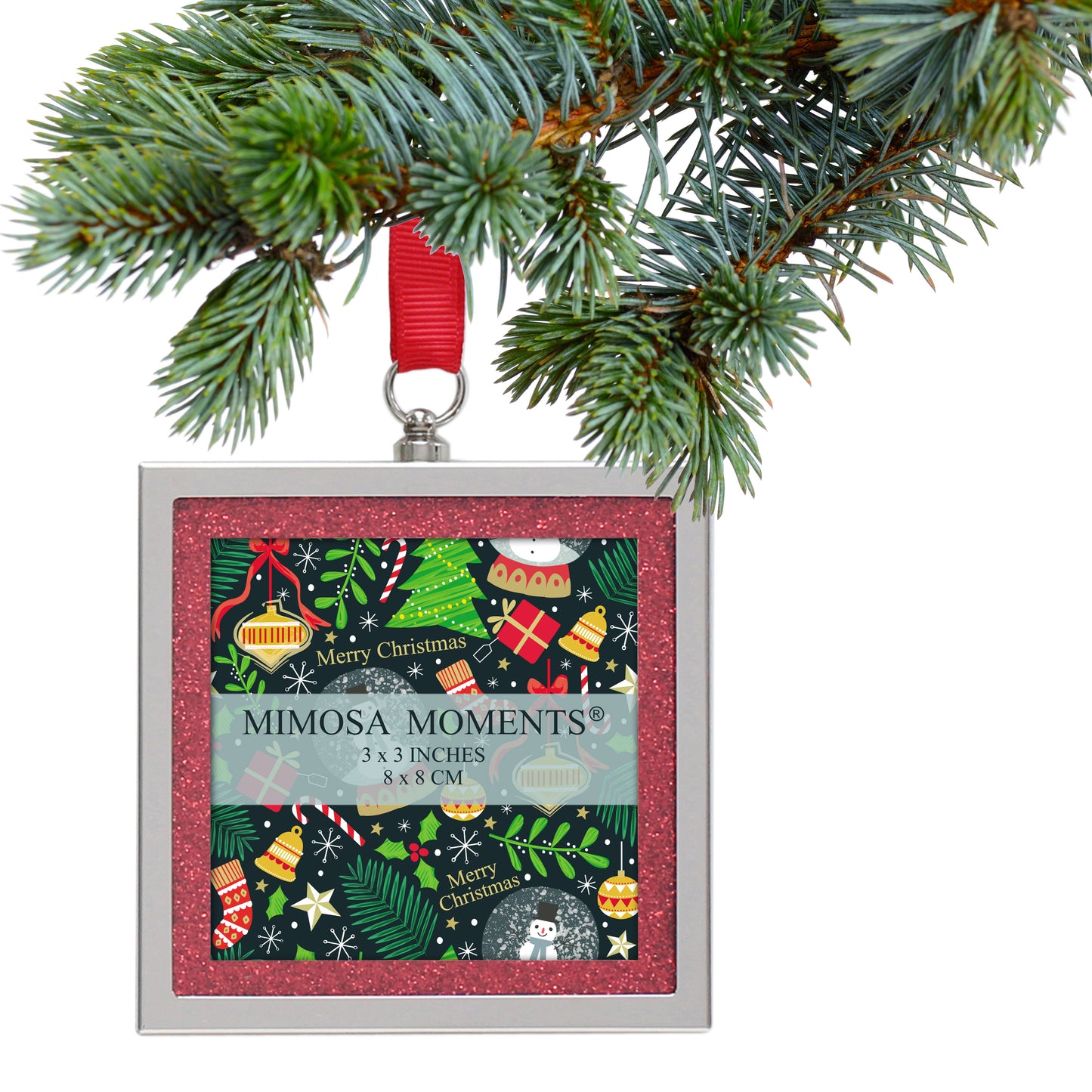 3-Pack Glitter Bling Picture Frame Ornaments, Mini Square Photo Frames for Christmas Tree, Wedding & Holiday Decor, Hanging Ornament with Assorted Glitter Mats