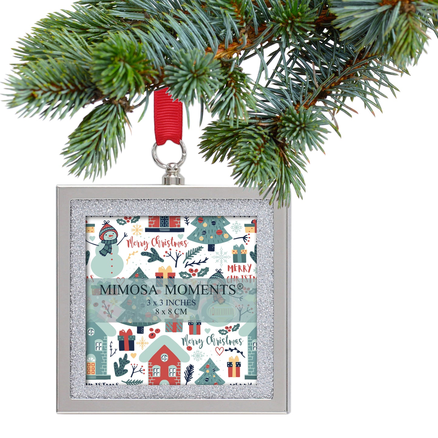 3-Pack Glitter Bling Picture Frame Ornaments, Mini Square Photo Frames for Christmas Tree, Wedding & Holiday Decor, Hanging Ornament with Assorted Glitter Mats