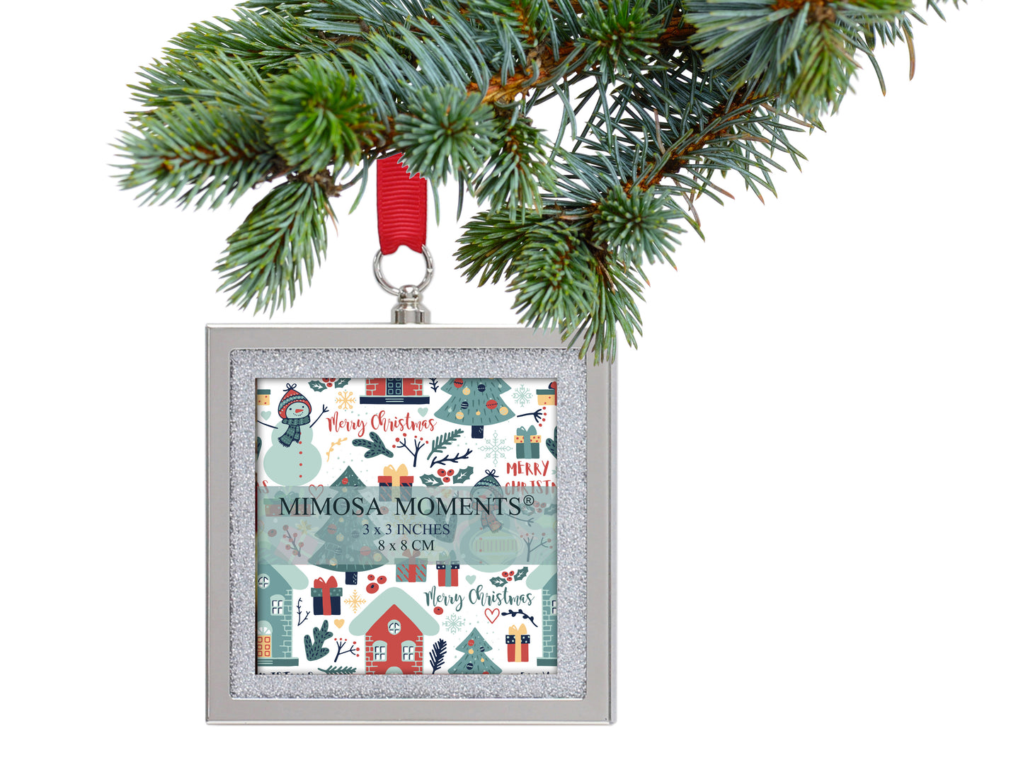 Bling Picture Frame Ornaments for Christmas Tree & Holidays (3x3" photo, Set of 2)