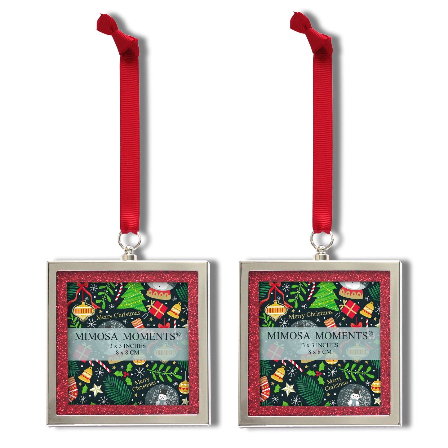 Bling Picture Frame Ornaments for Christmas Tree & Holidays (3x3" photo, Set of 2)