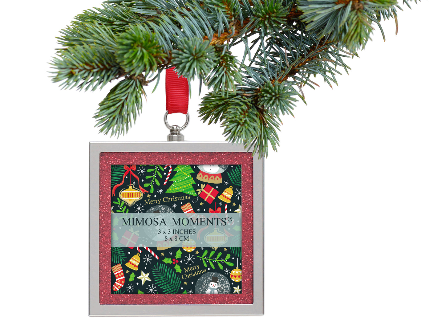 Bling Picture Frame Ornaments for Christmas Tree & Holidays (3x3" photo, Set of 2)