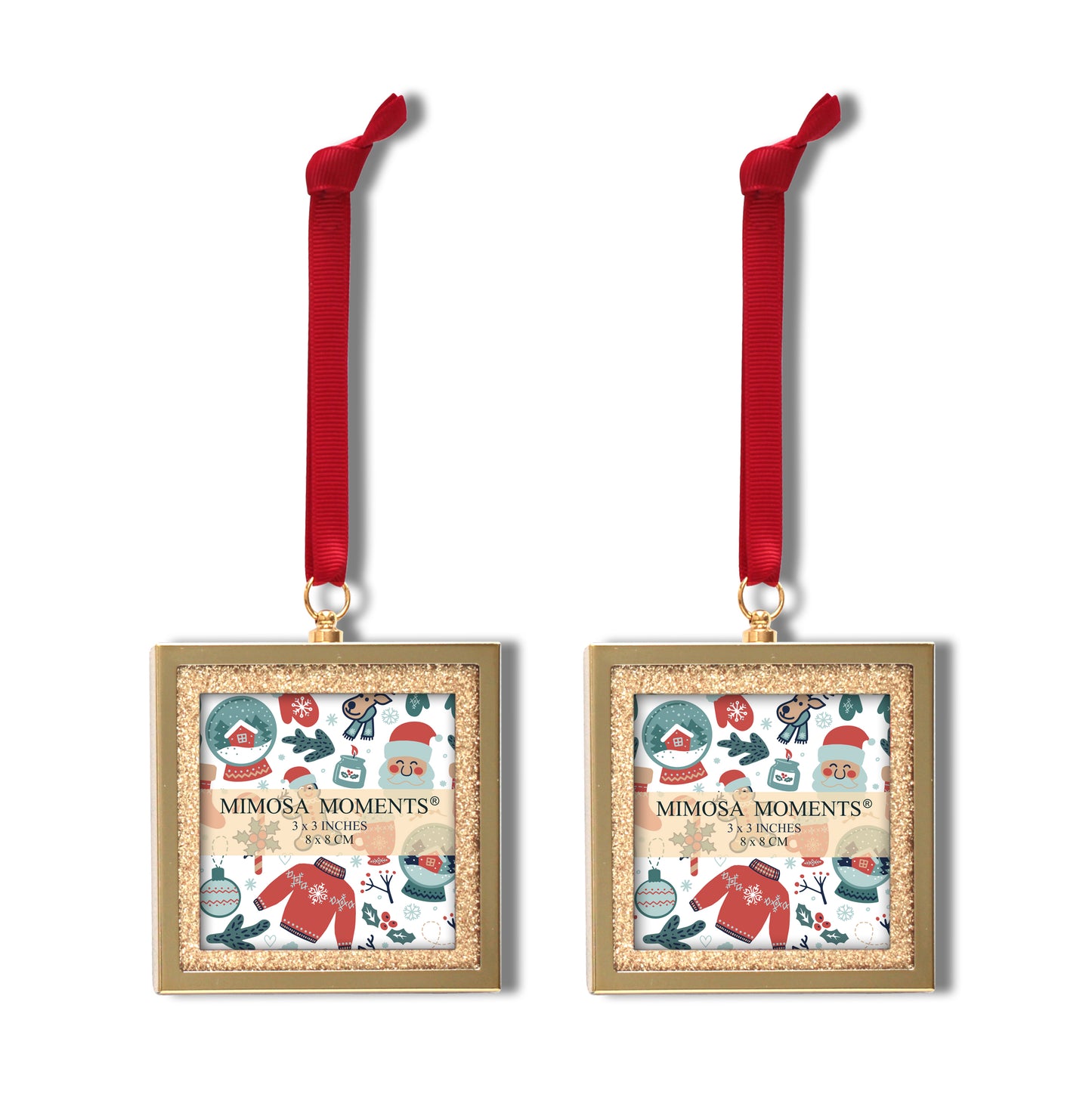 Bling Picture Frame Ornaments for Christmas Tree & Holidays (3x3" photo, Set of 2)