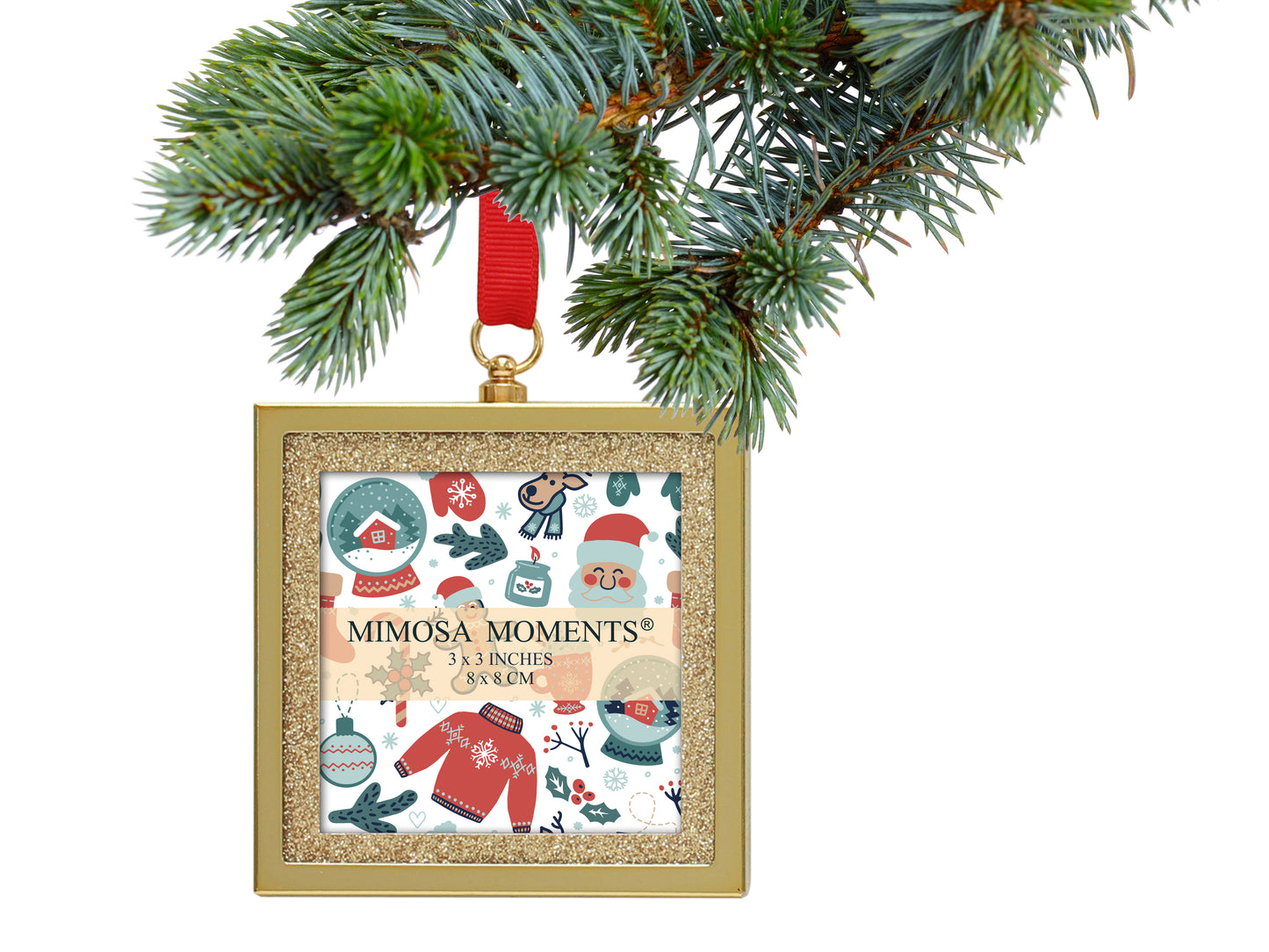 Bling Picture Frame Ornaments for Christmas Tree & Holidays (3x3" photo, Set of 2)