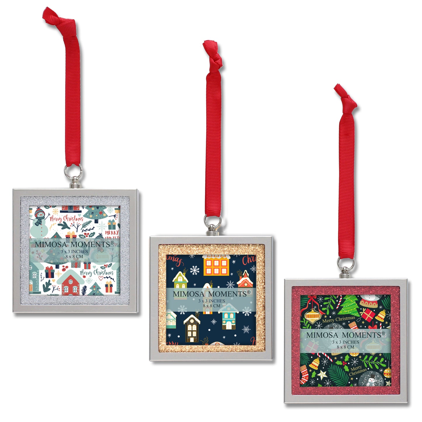 3-Pack Glitter Bling Picture Frame Ornaments, Mini Square Photo Frames for Christmas Tree, Wedding & Holiday Decor, Hanging Ornament with Assorted Glitter Mats