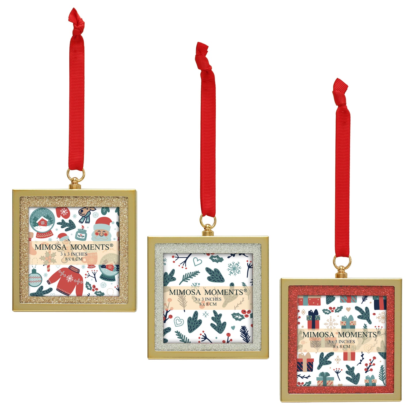 3-Pack Glitter Bling Picture Frame Ornaments, Mini Square Photo Frames for Christmas Tree, Wedding & Holiday Decor, Hanging Ornament with Assorted Glitter Mats