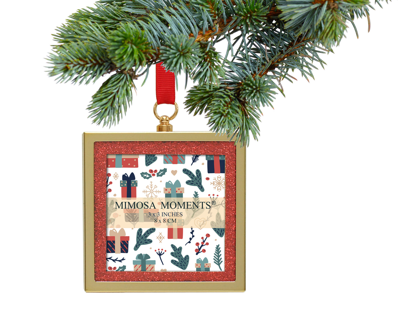 3-Pack Glitter Bling Picture Frame Ornaments, Mini Square Photo Frames for Christmas Tree, Wedding & Holiday Decor, Hanging Ornament with Assorted Glitter Mats