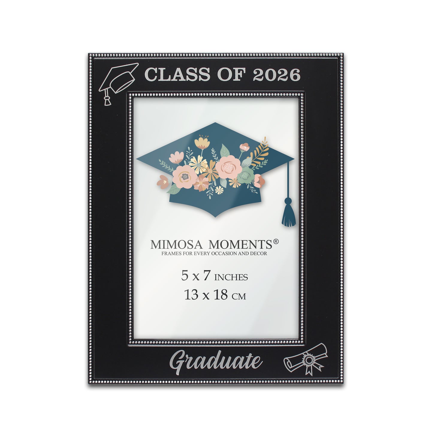 Black Metal Class of 2026 Picture Frame, Silver-tone Graduate, cap and diploma