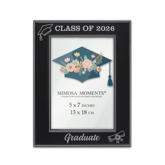 Black Metal Class of 2026 Picture Frame, Silver-tone Graduate, cap and diploma