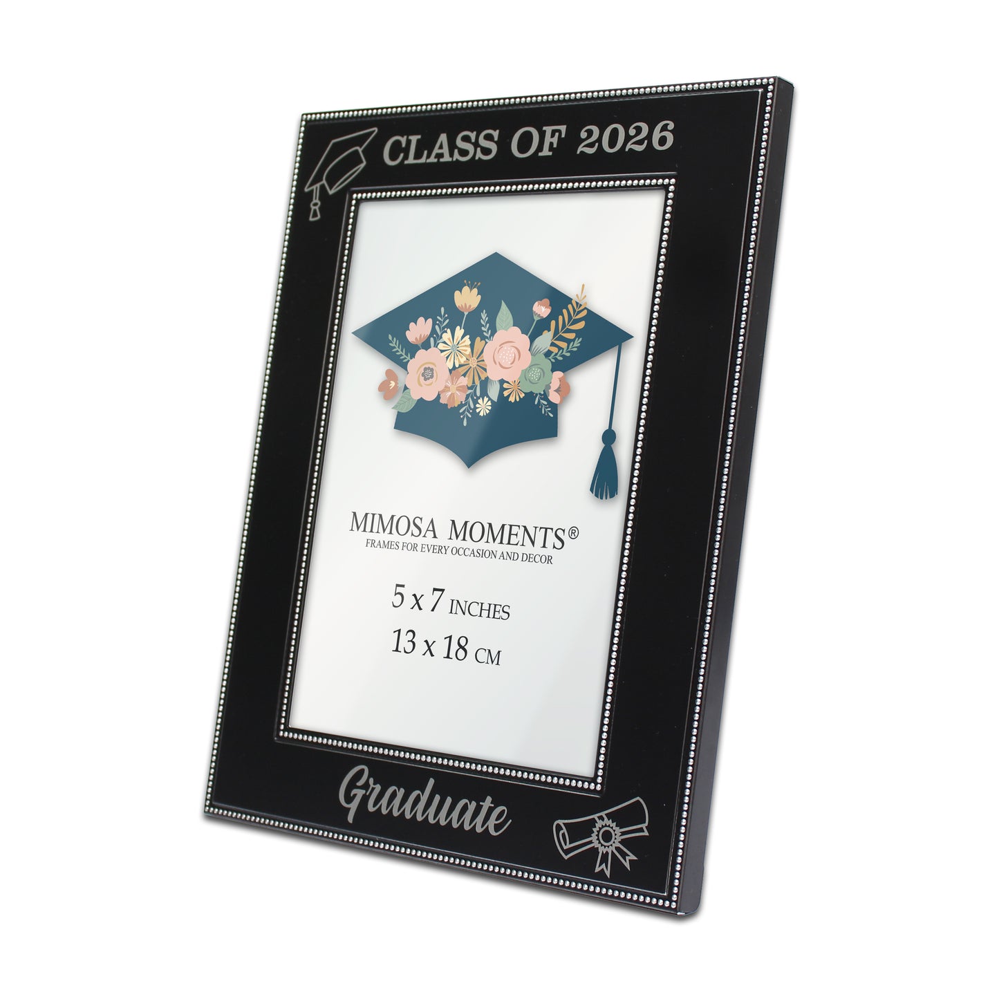 Black Metal Class of 2026 Picture Frame, Silver-tone Graduate, cap and diploma