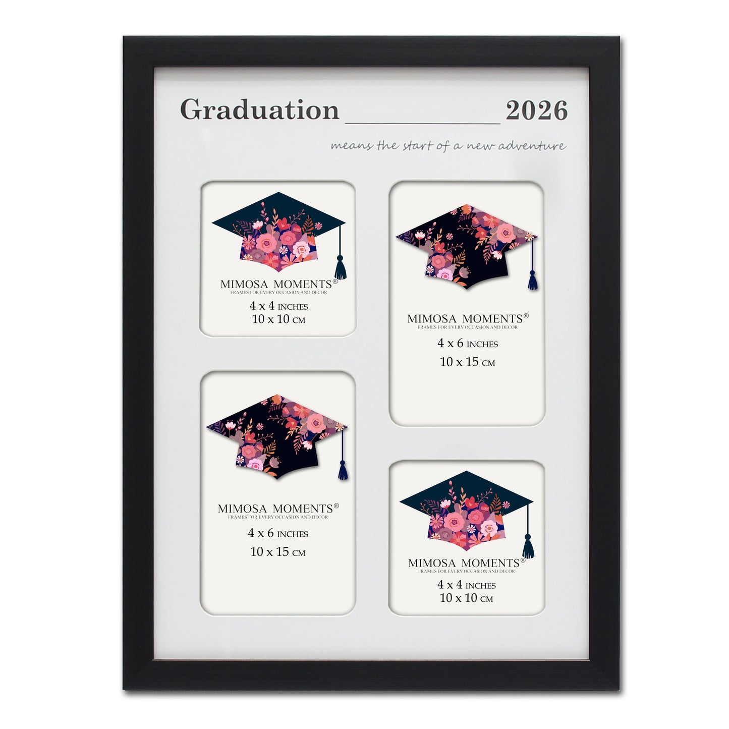 Graduation 2026 Collage Picture Frame, Black Multi-Opening Frame with White Mat (2x4x4 + 2x4x6), "Start of a New Adventure" Print, Wall & Tabletop Decor, Graduation Gift with Greeting Card