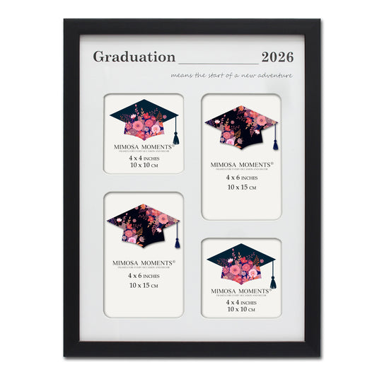 Graduation 2026 Collage Picture Frame, Black Multi-Opening Frame with White Mat (2x4x4 + 2x4x6), "Start of a New Adventure" Print, Wall & Tabletop Decor, Graduation Gift with Greeting Card