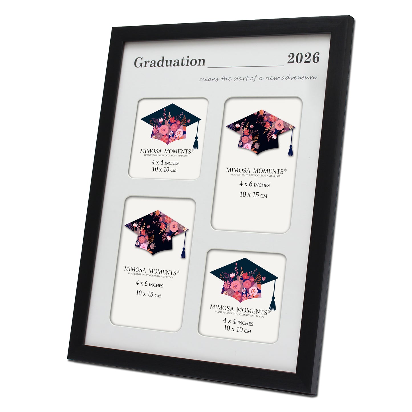 Graduation 2026 Collage Picture Frame, Black Multi-Opening Frame with White Mat (2x4x4 + 2x4x6), "Start of a New Adventure" Print, Wall & Tabletop Decor, Graduation Gift with Greeting Card
