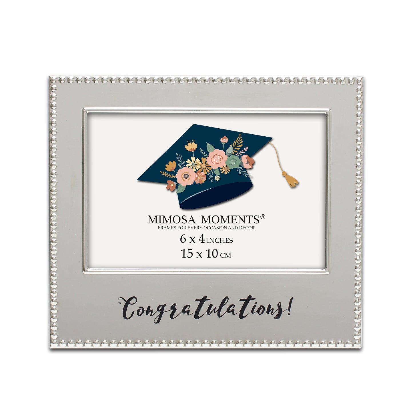 4x6 Metal Picture Frame, Silver-tone Beaded Edge with Congratulations! Print, Horizontal Graduation Photo Frame, Tabletop Display, Graduation Gift with Greeting Card