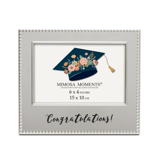 4x6 Metal Picture Frame, Silver-tone Beaded Edge with Congratulations! Print, Horizontal Graduation Photo Frame, Tabletop Display, Graduation Gift with Greeting Card