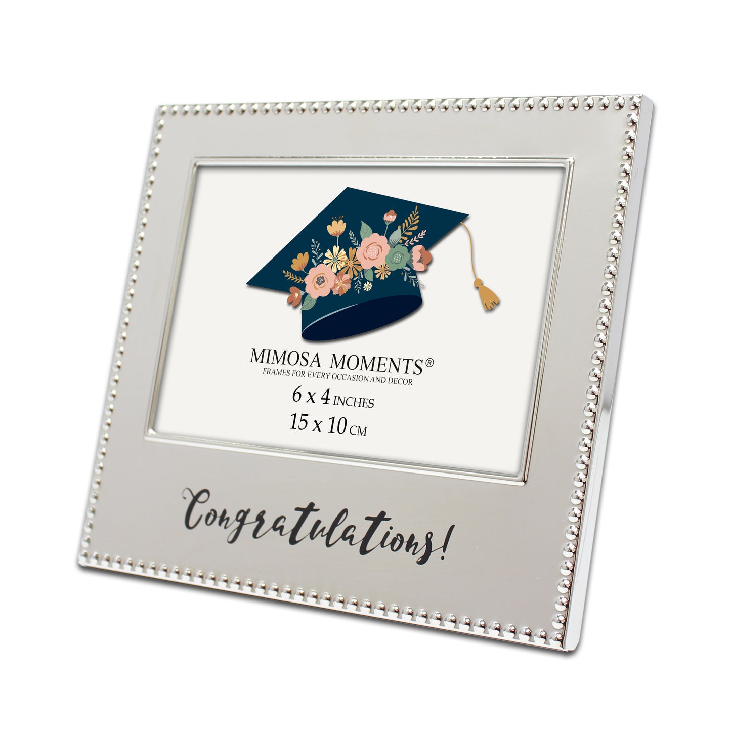 4x6 Metal Picture Frame, Silver-tone Beaded Edge with Congratulations! Print, Horizontal Graduation Photo Frame, Tabletop Display, Graduation Gift with Greeting Card