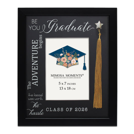 Graduation 5x7 Tassel Frame, Black Class of 2026 Frame with Real Gold Tassel, Silver Star Holder & Silver-Foiled Sentiment, Tabletop & Wall Display, Graduation Gift with Greeting Card