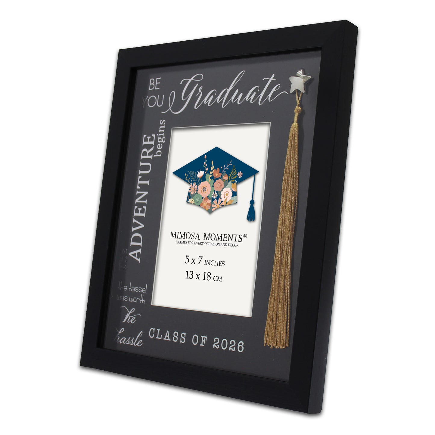 Graduation 5x7 Tassel Frame, Black Class of 2026 Frame with Real Gold Tassel, Silver Star Holder & Silver-Foiled Sentiment, Tabletop & Wall Display, Graduation Gift with Greeting Card
