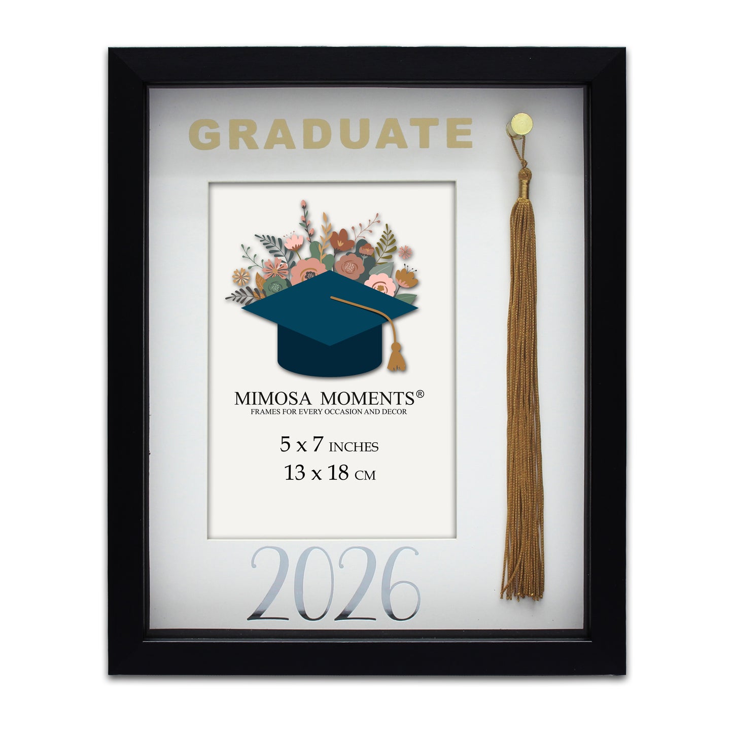 Graduation 5x7 Tassel Frame, Black Class of 2026 Shadow Box with Real Gold Tassel, Foil Paper Mat & Graduate Glass Print, Tabletop & Wall Decor, Graduation Gift for 2026 Graduates