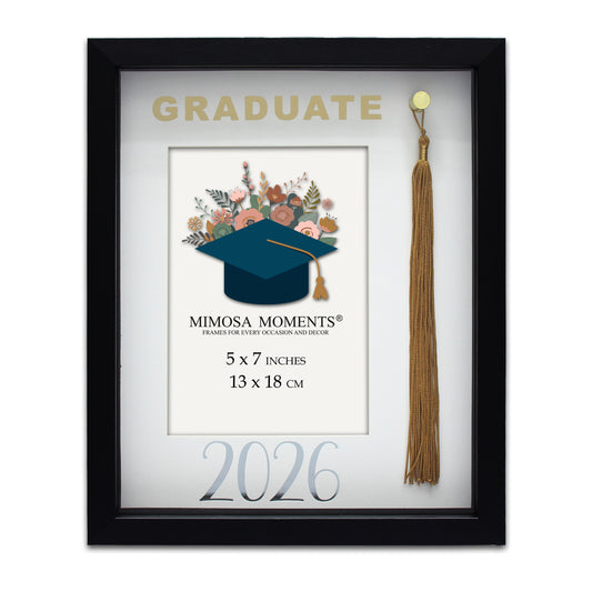 Graduation 5x7 Tassel Frame, Black Class of 2026 Shadow Box with Real Gold Tassel, Foil Paper Mat & Graduate Glass Print, Tabletop & Wall Decor, Graduation Gift for 2026 Graduates