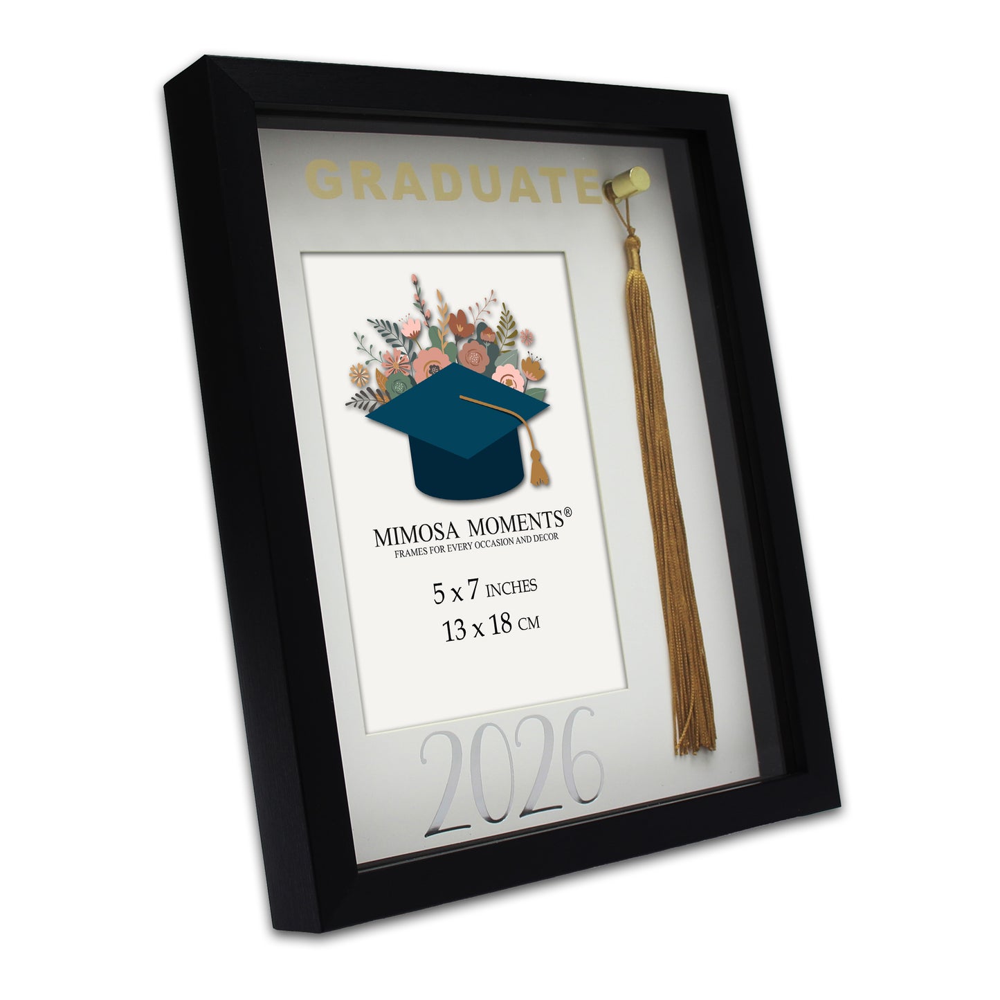 Graduation 5x7 Tassel Frame, Black Class of 2026 Shadow Box with Real Gold Tassel, Foil Paper Mat & Graduate Glass Print, Tabletop & Wall Decor, Graduation Gift for 2026 Graduates