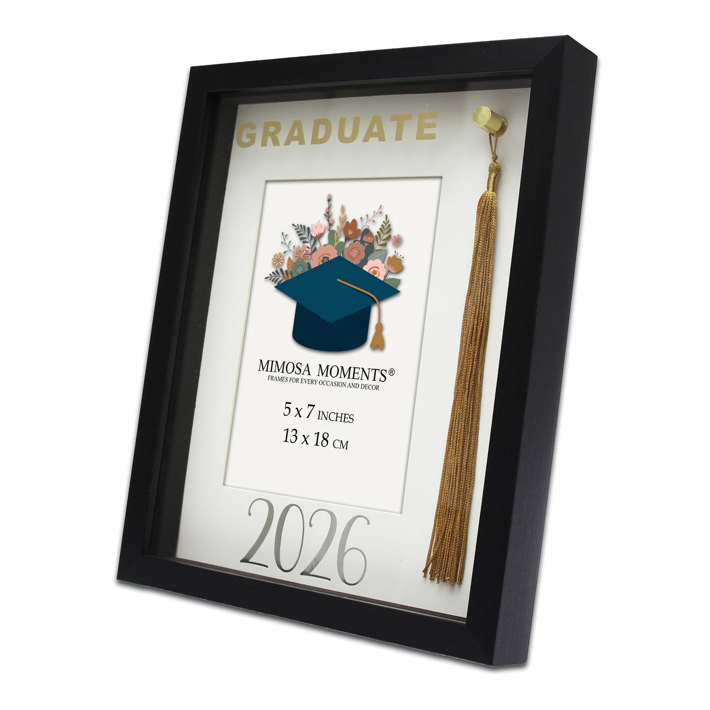 Graduation 5x7 Tassel Frame, Black Class of 2026 Shadow Box with Real Gold Tassel, Foil Paper Mat & Graduate Glass Print, Tabletop & Wall Decor, Graduation Gift for 2026 Graduates