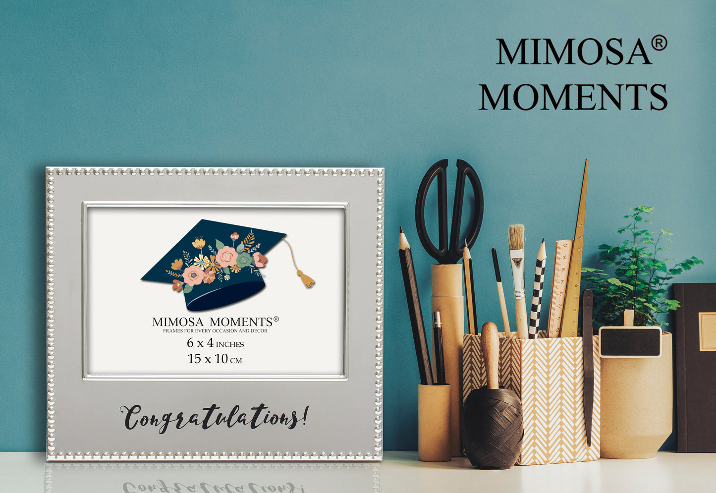 4x6 Metal Picture Frame, Silver-tone Beaded Edge with Congratulations! Print, Horizontal Graduation Photo Frame, Tabletop Display, Graduation Gift with Greeting Card