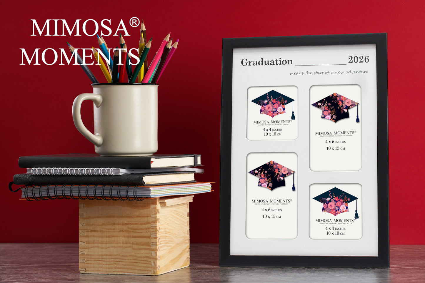 Graduation 2026 Collage Picture Frame, Black Multi-Opening Frame with White Mat (2x4x4 + 2x4x6), "Start of a New Adventure" Print, Wall & Tabletop Decor, Graduation Gift with Greeting Card