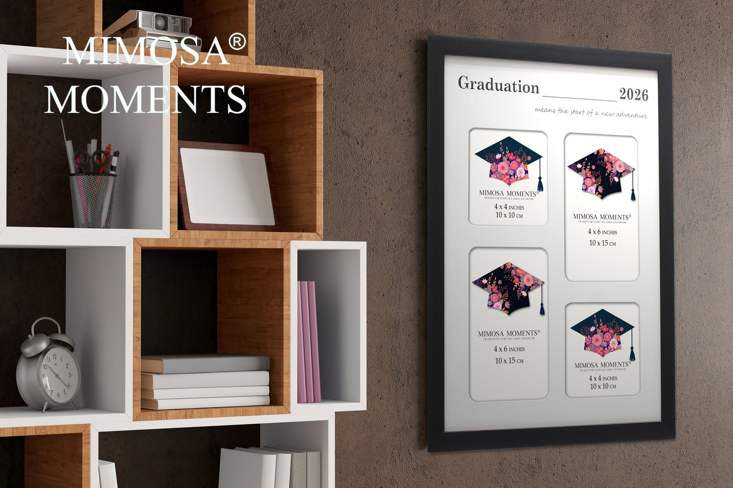 Graduation 2026 Collage Picture Frame, Black Multi-Opening Frame with White Mat (2x4x4 + 2x4x6), "Start of a New Adventure" Print, Wall & Tabletop Decor, Graduation Gift with Greeting Card
