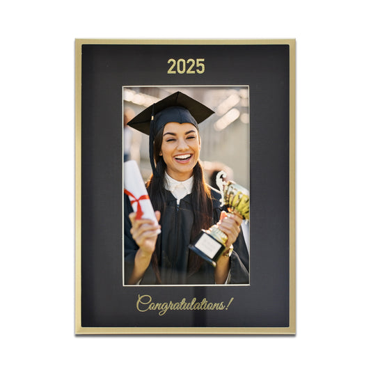 Brass-Tone Metal 2025 Graduation Picture Frame with Black Mat and Foiled Congratulations, Shadow Box Frame (4x6" Photo)