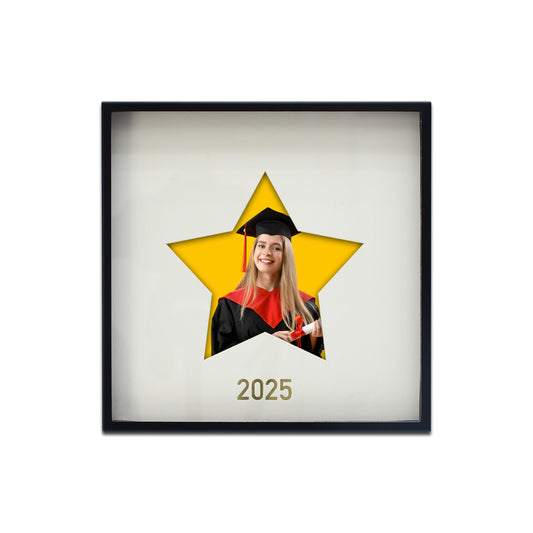 2025 Graduation 6x6" Minimalist Black Metal Shadowbox Picture Frame with White Mat, Star-shaped photo opening (4x4" Photo)