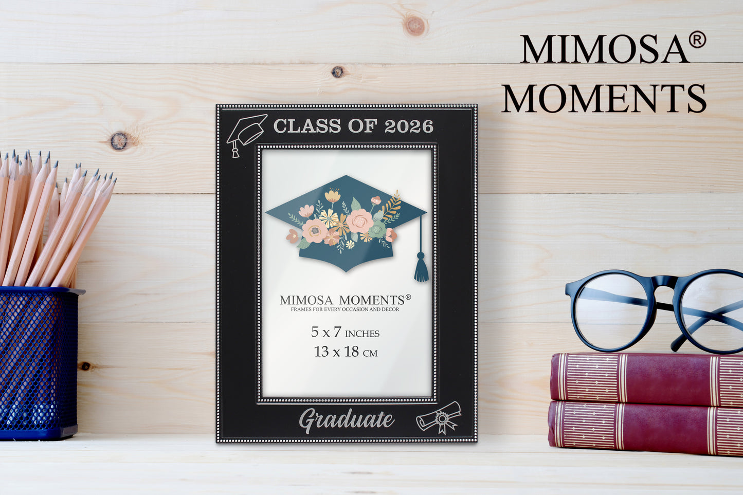 Black Metal Class of 2026 Picture Frame, Silver-tone Graduate, cap and diploma
