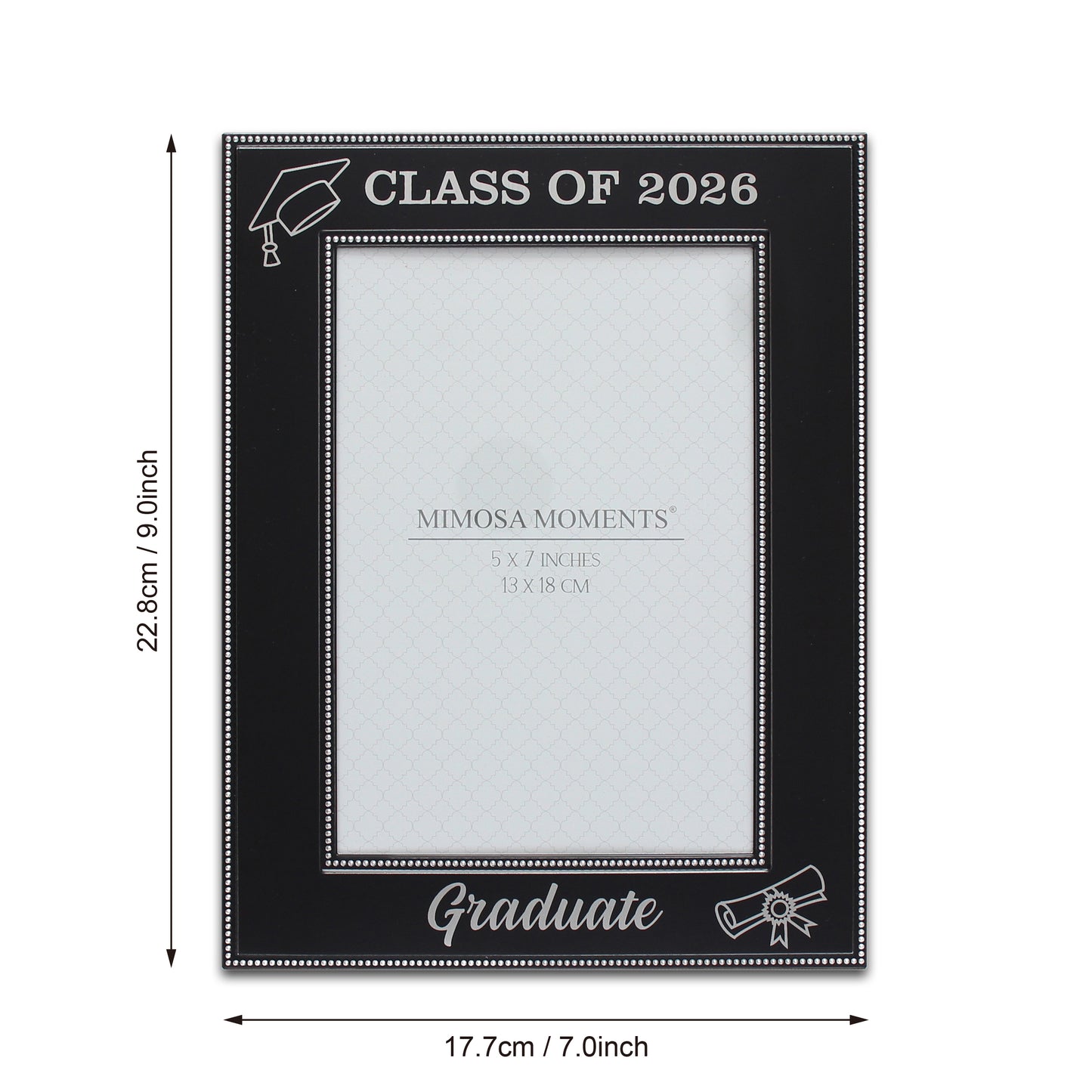 Black Metal Class of 2026 Picture Frame, Silver-tone Graduate, cap and diploma