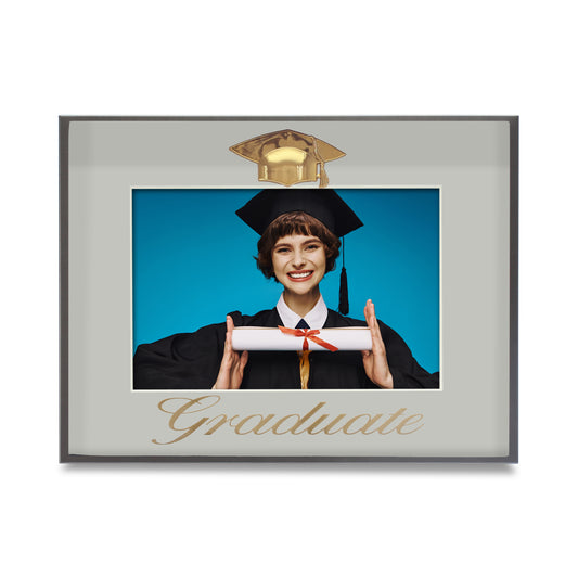 Pewter-tone Metal 2025 Graduation Picture Frame with Cap and Gold Stamping Foil Graduate on Light Gray Mat, Shadow Box Frame (4x6" Photo)
