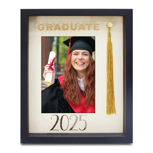 Class of 2025 Graduation Black Picture Frame, Paper Mat with Foil, Gold Tassel (5x7" Photo)