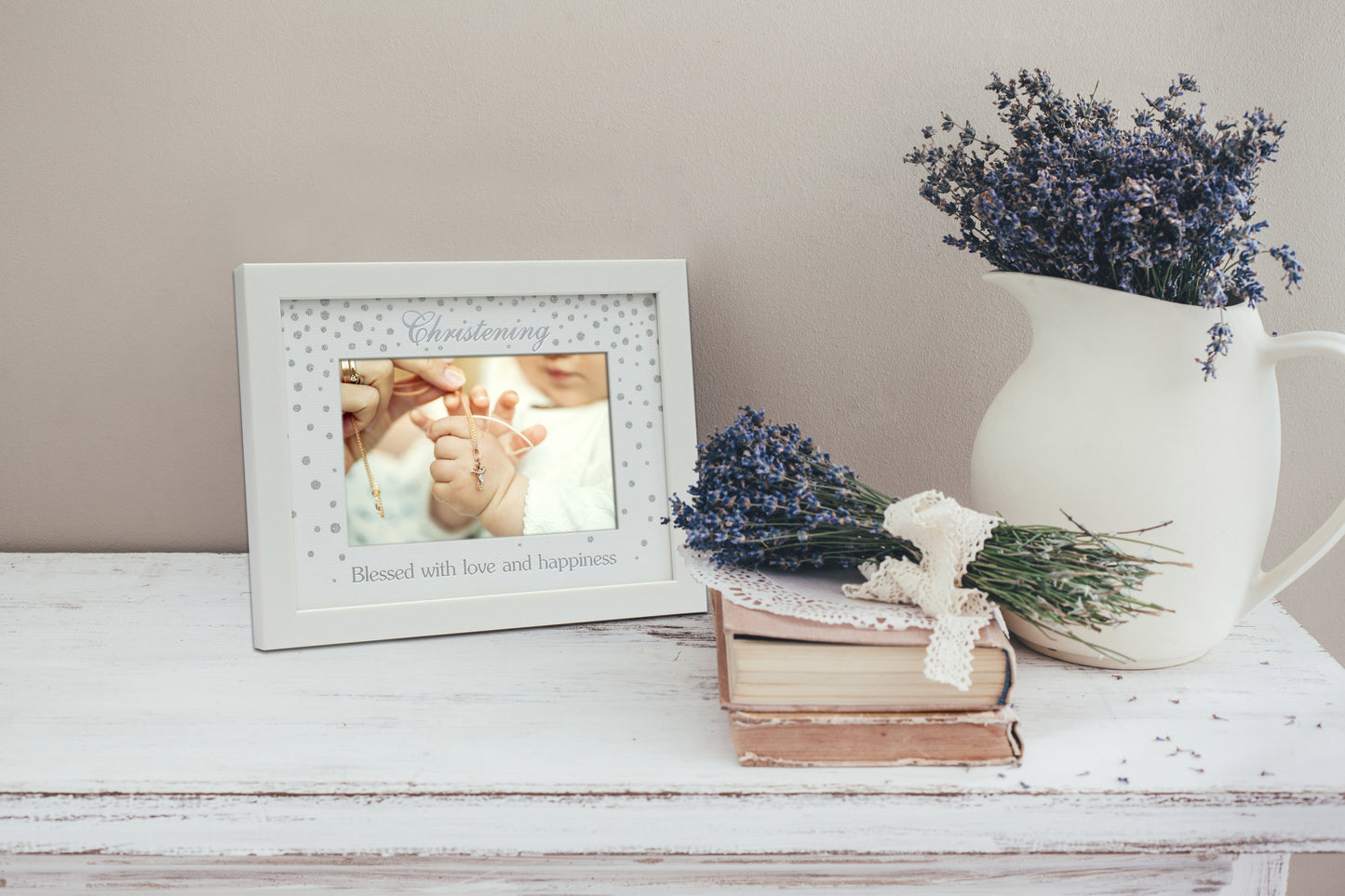 Religious Picture Frame with glitter Christening paper mat, blessed with love and happiness (Ivory-Christening, 6x4" Photo)